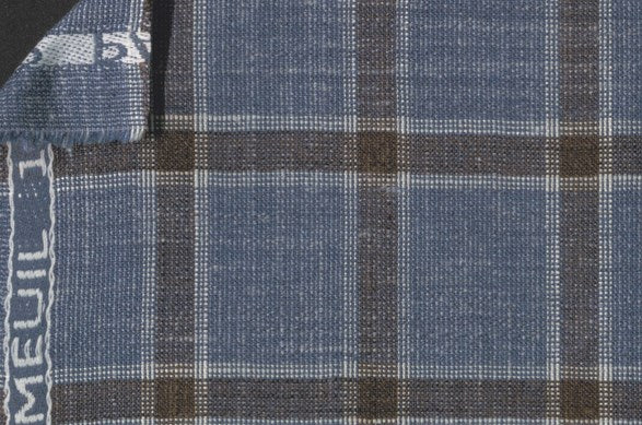 Dormeuil Fabric Blue Check 35% Wool 23% Bamboo 22% Silk 20% Linen (Ref-881515)