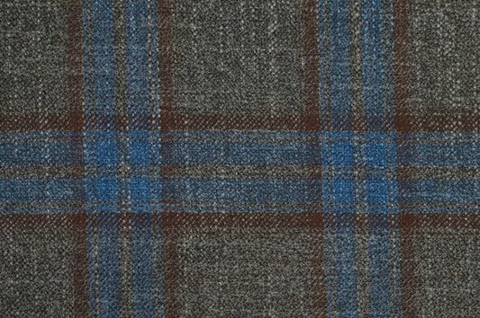 Dormeuil Fabric Blue Check 69% Wool 28% Bamboo 3% Linen (Ref-779422)